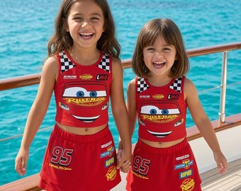 Kids Race Car Activewear Set, Lightning McQueen Matching Outfit, Girls Sports Tank and Skirt, Racing Theme Workout Clothes, Cute Gift