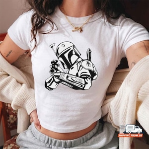 Boba Fett Baby Tee, Mandalorian Graphic Unisex Shirt, Star Wars Fan Gift, Retro Space Bounty Hunter Shirt, Cute Y2K Aesthetic Crop Top