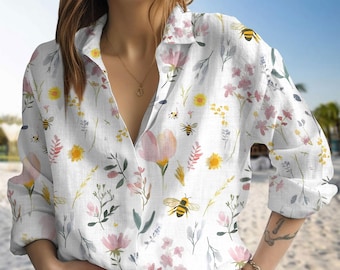 Bee Wildflower Shirt, Bluse mit Blumenmuster, Frühlings-Sommer-Strandoutfit, Vintage Bee Botanical Casual Shirt, Bienenliebhaber T-Shirt