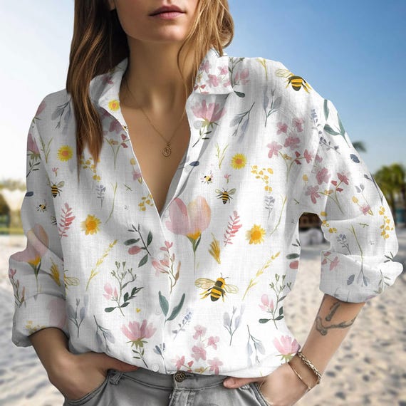 bee dress shirt Vintage Denim Embroidered Autumn Sunflower Honey Bee Button Up Shirt Womens 1X