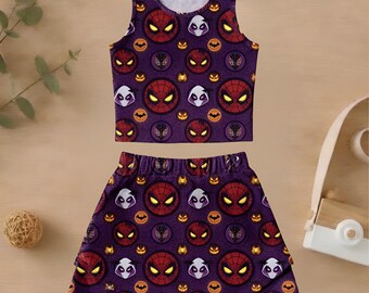 Spiderman Halloween Matching Activewear Set, Superhero Spooky Crop Top and Skort Outfit, Marvel Avengers Gift for Kids and Mom