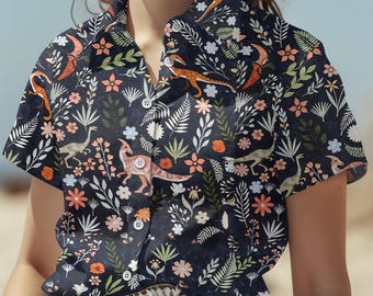 Dinosaurier Floral Button Up Shirt, Tier Tropisch Urlaub Hawaiian Shirt, Unisex Casual Sommer Outfit, Beach Resortwear für Männer und Frauen