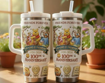 Winnie de Pooh 100e verjaardag beker 40oz, Pooh Bear and Friends Forever 1926-2026 cadeau, vintage Pooh Bear honingpot beker met hand