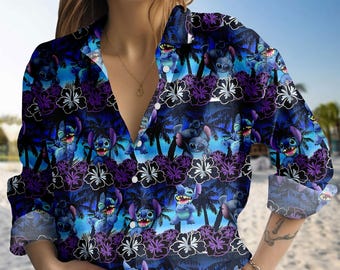 Disney Stitch Tropical Blouse Shirt, Stitch Lilo Aloha Casual Shirt, Ohana Mean Family Button Shirt, Long Sleeve Shirt For Women, Magic