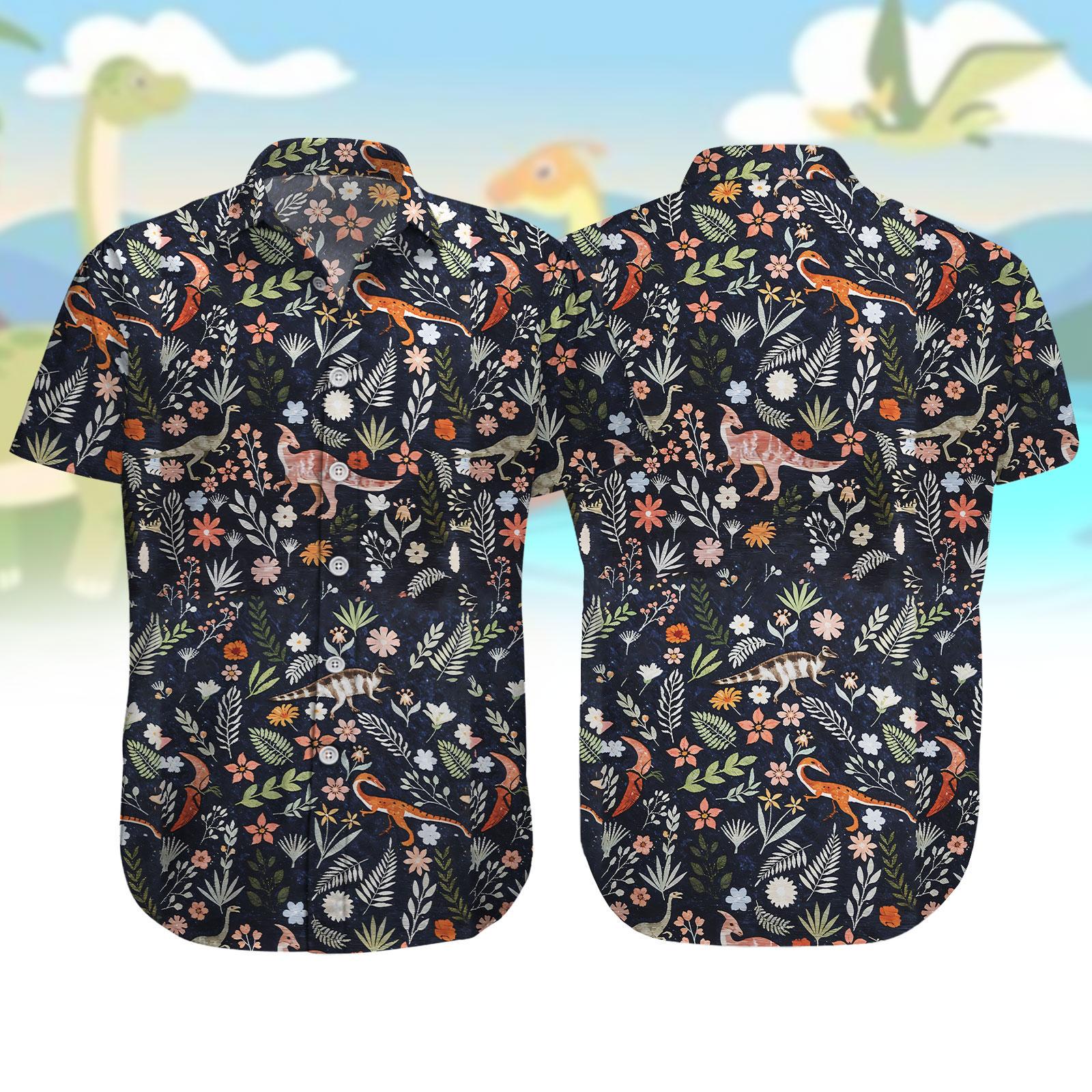 Discover Dinosaur Floral Button Up Shirt, Animal Tropical Vacation Hawaiian Shirt, Unisex Casual Summer Outfit, Beach Resortwear For Men and Wom