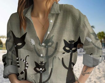 Chemises chat pour femmes, chemise décontractée vintage chat noir, chemise boutonnée aspect lin, chemise à manches longues à imprimé chat mignon, cadeau pour amoureux des chats