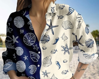 Seetier Bluse Shirt, Strand Fisch Krabbe Seestern Print Casual Shirt, Sommer Ferien Ocean Button Shirt, Retro Muscheln Langarm S
