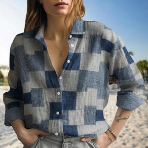 Blue Patchwork Checkered Shirt, Denim Plaid Button Down Blouse, Aesthetic Geometric Casual Top, Coastal Summer Beach Wear
