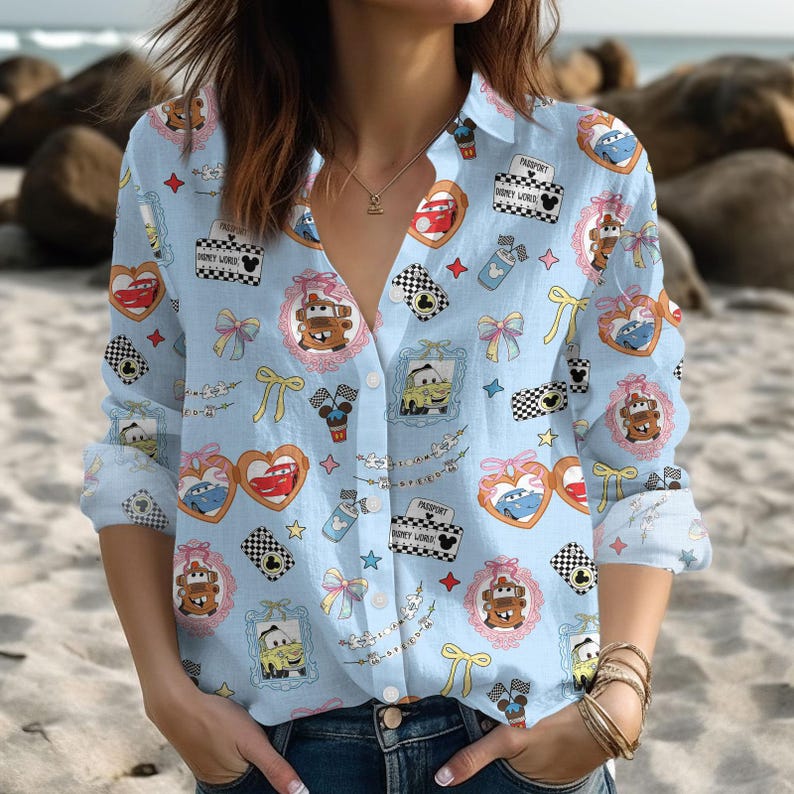 Lightning McQueen Casual Shirt, Coquette Bow Bracelet Cars Blouse Shirt, Tow Mater Women Blouses, Disney Girl Trip Long Sleeve Shirt