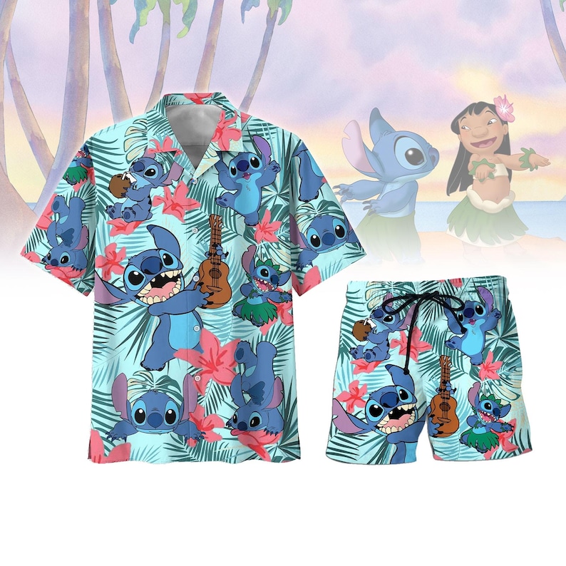 May include: A light blue Hawaiian shirt and matching shorts set featuring a repeating pattern of the character Stitch, red flowers, and palm leaves. The shirt has a button-down front and short sleeves. The shorts have a drawstring waist. The background shows a beach scene.