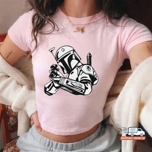 Boba Fett Baby Tee, Mandalorian Graphic Unisex Shirt, Star Wars Fan Gift, Retro Space Bounty Hunter Shirt, Cute Y2K Aesthetic Crop Top