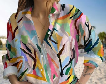 Women's Abstract Brushstroke Shirt, Colorful Abstract Art Blouse Shirt, Artistic Multicolored Paint Button Down Shirt,