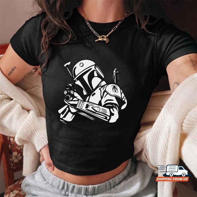 Boba Fett Baby Tee, Mandalorian Graphic Unisex Shirt, Star Wars Fan Gift, Retro Space Bounty Hunter Shirt, Cute Y2K Aesthetic Crop Top