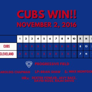 Könnte beinhalten: Ein Baseball-Scoreboard, das zeigt, dass die Chicago Cubs die World Series gegen die Cleveland Indians am 2. November 2016 gewonnen haben. Der Spielstand ist 8:7 zugunsten der Cubs. Das Spiel wurde im Progressive Field ausgetragen.
