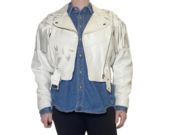 1980s Fringed White Cropped Leather Jacket