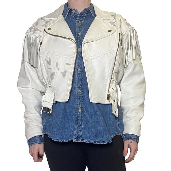 1980s Fringed White Cropped Leather Jacket