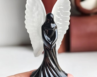Natural Obsidian Carved Angel,Crystal Angel,Angel Carving,Angel Statue,Angel Decor,Reiki Heal Angel,Christmas Crystal Gifts 3.8"