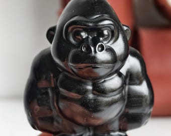 Natural Obsidian Carved gorilla,Crystal gorilla,Kong Kim Carving,Gorilla Statue,Gorilla Decor,Reiki Healing,Crystal Gifts 3.2"