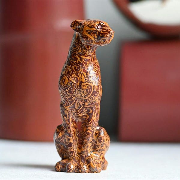 Quartzose Jade Leopard Figurine, Hand Carved Crystal Animal, Home Decor Ornament