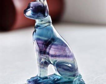 Gato Sphynx esculpido em fluorita arco-íris natural, gato Sphynx de cristal, escultura de Mau Egípcio, estátua de gato, decoração de gato, pedra de cura Reiki, presentes 6,6 cm