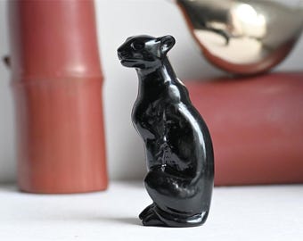 Obsidian Leopard Figurine, Hand Carved Natural Gemstone Panther Statue, Desk Home Decor