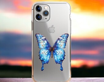 Clear Blue Morpho Butterfly iPhone Case | Blue Butterfly Case | Transparent Protective Cover | Butterfly Phone Cover