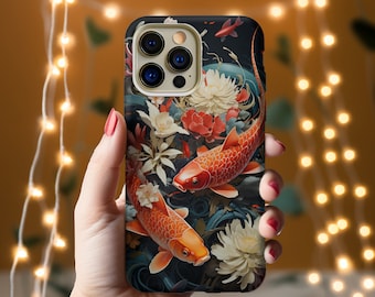 Coque pour portable poisson koï japonais | Fleurs de nénuphar | Housse de téléphone élégante à imprimé floral