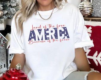 Camiseta "Tierra de los libres gracias a los valientes", Comfort Colors, camiseta del 4 de julio, camiseta patriótica del Día de la Independencia, camiseta del Día de los Caídos.
