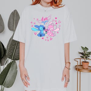 Stitch and Angel love you graphic Comfort Colors t-shirt, pastel cartoon tee, kawaii couple shirt, cute valentines day tshirt bild 8
