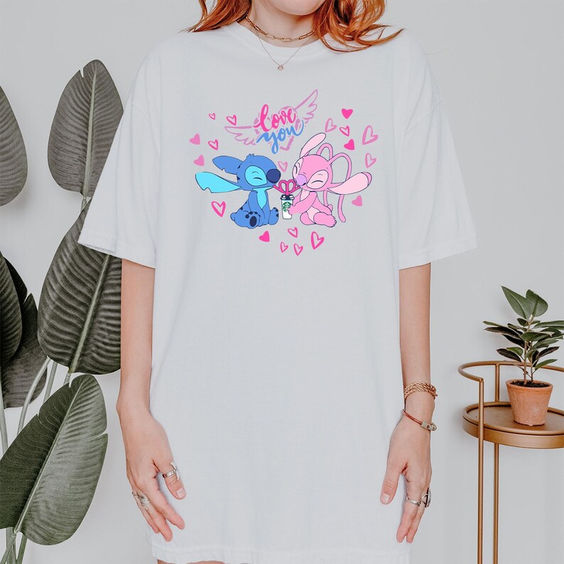 Stitch and Angel love you graphic Comfort Colors t-shirt, pastel cartoon tee, kawaii couple shirt, cute valentines day tshirt bild 8