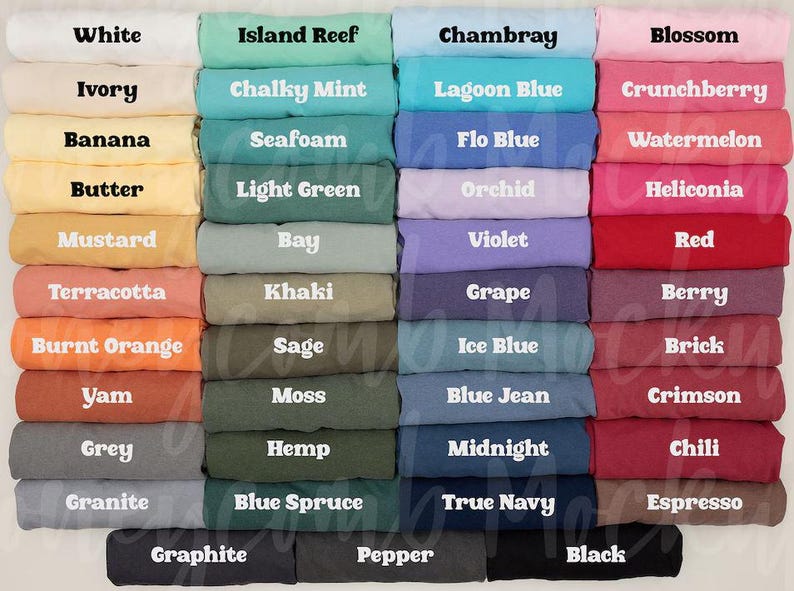 a collection of various colored t-shirts arranged in rows, each with a different color and text.