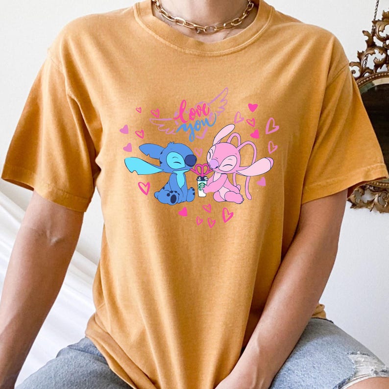 Stitch and Angel love you graphic Comfort Colors t-shirt, pastel cartoon tee, kawaii couple shirt, cute valentines day tshirt bild 6