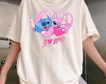 Stitch and Angel in love t-shirt Comfort Colors, I love you pastel cartoon tee, cute valentine couple shirt, kawaii gift idea