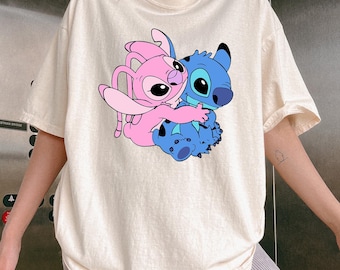 Pink Angel hugging Stitch cartoon tee, Comfort Colors valentine t-shirt, pastel couple shirt, cute kawaii lovers tshirt