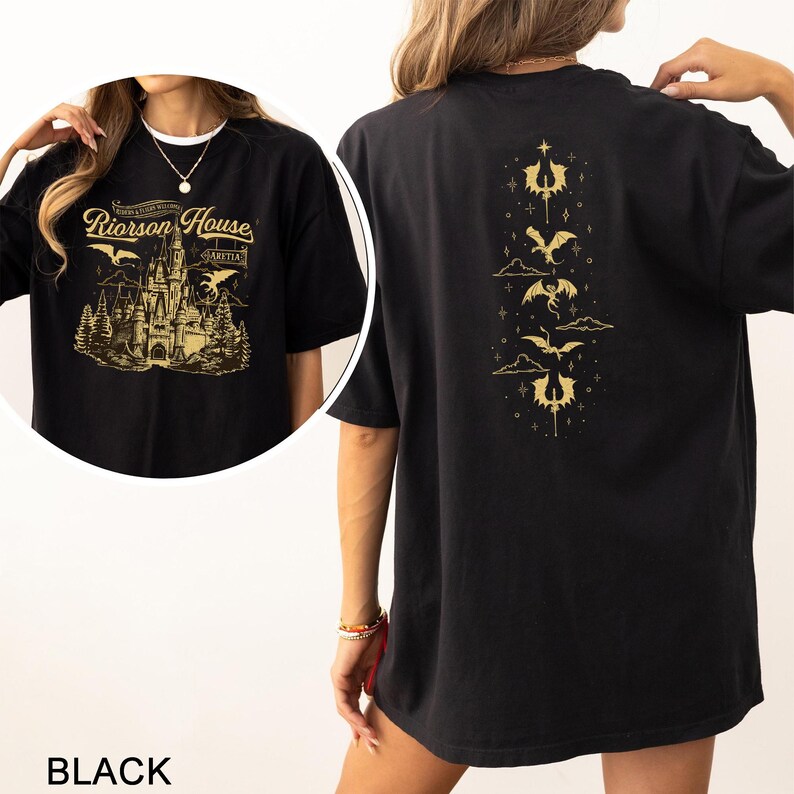 May include: Black t-shirt with a gold graphic of a castle and the text "Riorson House" on the front. The back of the shirt features a vertical design of gold dragons and clouds. The word "BLACK" is at the bottom of the image.