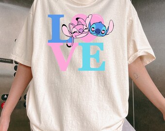 Stitch angel love letters t shirt colorful pink and blue text cute couple tee graphic comfort colors shirt valentines gift