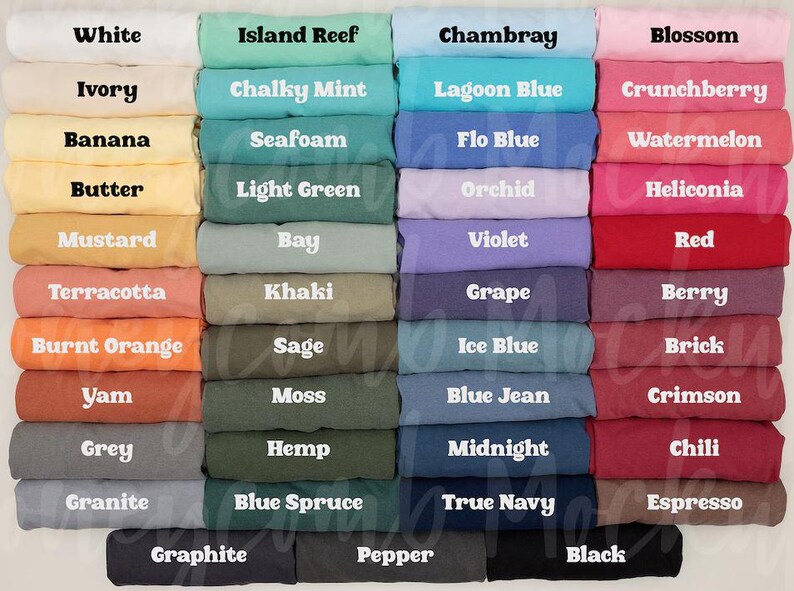 a collection of various colored t-shirts arranged in rows, each with a different color and text.