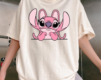 Comfort Colors Angel Peeking Tee, Cute Angel From Stitch Tee, Pink Cartoon Disney Character Shirt, Comfort Colors Soft Tee