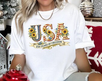 Camiseta floral 250 años de libertad, Comfort Colors, Camiseta América 250, Camiseta del 4 de julio, Camiseta patriótica de EE. UU., Camiseta Desde 1776
