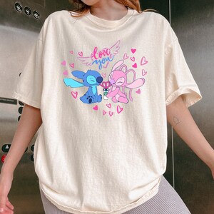 Stitch and Angel love you graphic Comfort Colors t-shirt, pastel cartoon tee, kawaii couple shirt, cute valentines day tshirt bild 1