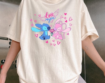 Stitch and Angel love you graphic Comfort Colors t-shirt, pastel cartoon tee, kawaii couple shirt, cute valentines day tshirt