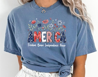 Floral American Flag Shirt, Comfort Colors, 4th Of July Women Shirt, Patriotic Independence Day Shirt, Fourth Of July USA Shirt
