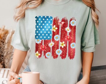 Camiseta con la bandera estadounidense y estampado floral, Comfort Colors, camiseta para mujer del 4 de julio, camiseta patriótica del Día de la Independencia, camiseta del 4 de julio de EE. UU.