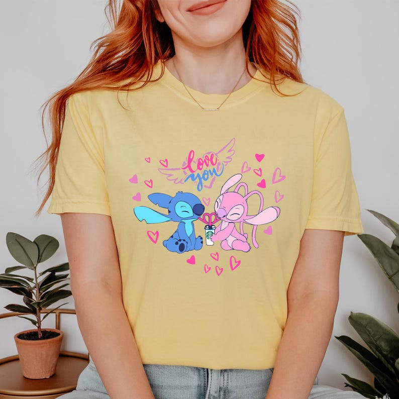 Stitch and Angel love you graphic Comfort Colors t-shirt, pastel cartoon tee, kawaii couple shirt, cute valentines day tshirt bild 4