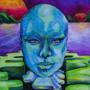 May include: A digital painting of a person's face with a blue and green skin tone. The face is surrounded by green and blue abstract shapes. The background is a purple and blue night sky with stars and a bright orange planet.