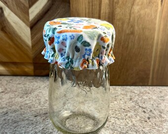 Reversible Mason Jar Cover: Floral Carrots & Orange Tone Dot Prints, Reusable Sourdough Bonnet