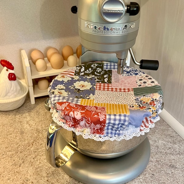 Reversible Mixer Bowl Cover: Boho Patchwork & Green Daisy, Lace Options, Fits 4-7qt. Bowls