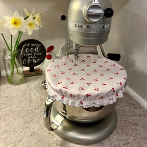 Cottage Charm Mixing Bowl Cover - Lace Cherries Red Pin Dot Patterns - Reusable Bowl Cover - Kitchen Must Have - Reversible Bread Bowl Cover