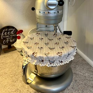Country Charm Mixing Bowl Cover - Lace Gingham Chickens Burgundy Floral - Reversible Mix Bowl Cover - Reusable Mix Bowl Cover - Kitchen