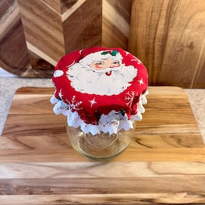 Reversible Weck Jar Cover: Crochet Lace, Vintage Santa & Holly Prints, Reusable, Fits 5-6" Jars